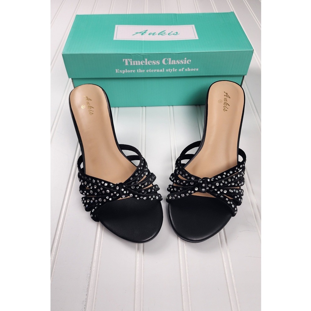 Ankis Kitten Heel Slide Sandals Womens 9 Black Rhinestone Multi-Strap Dress Shoe